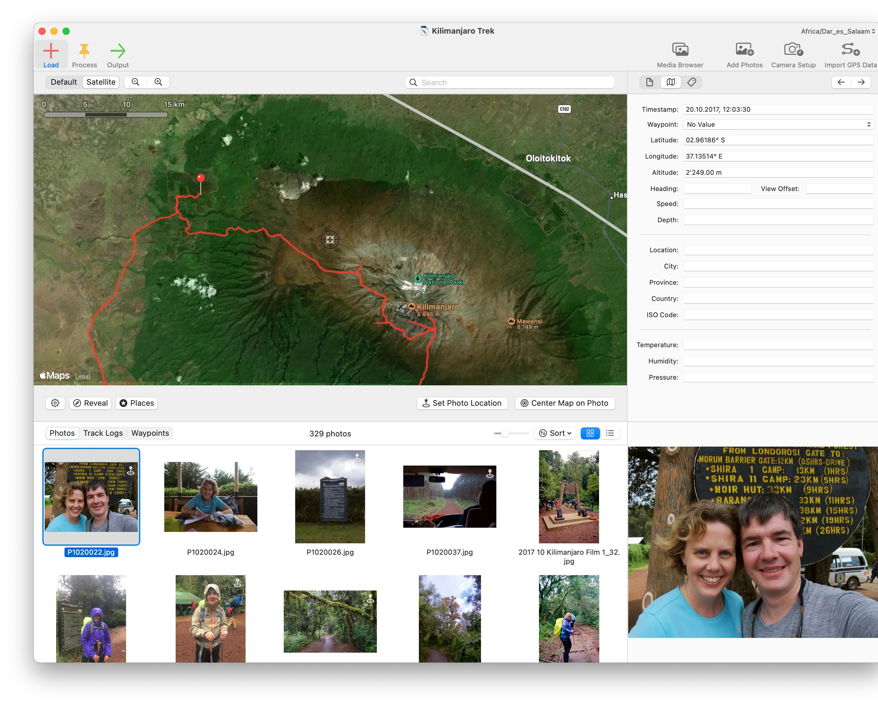 HoudahGeo showing photos loaded with GPS track on map